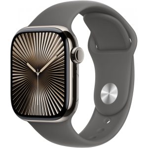 Orë e mençur Apple Watch Series 10 GPS + Cellular 42mm Natural Titanium Case with Stone Grey Sport Band – S/M