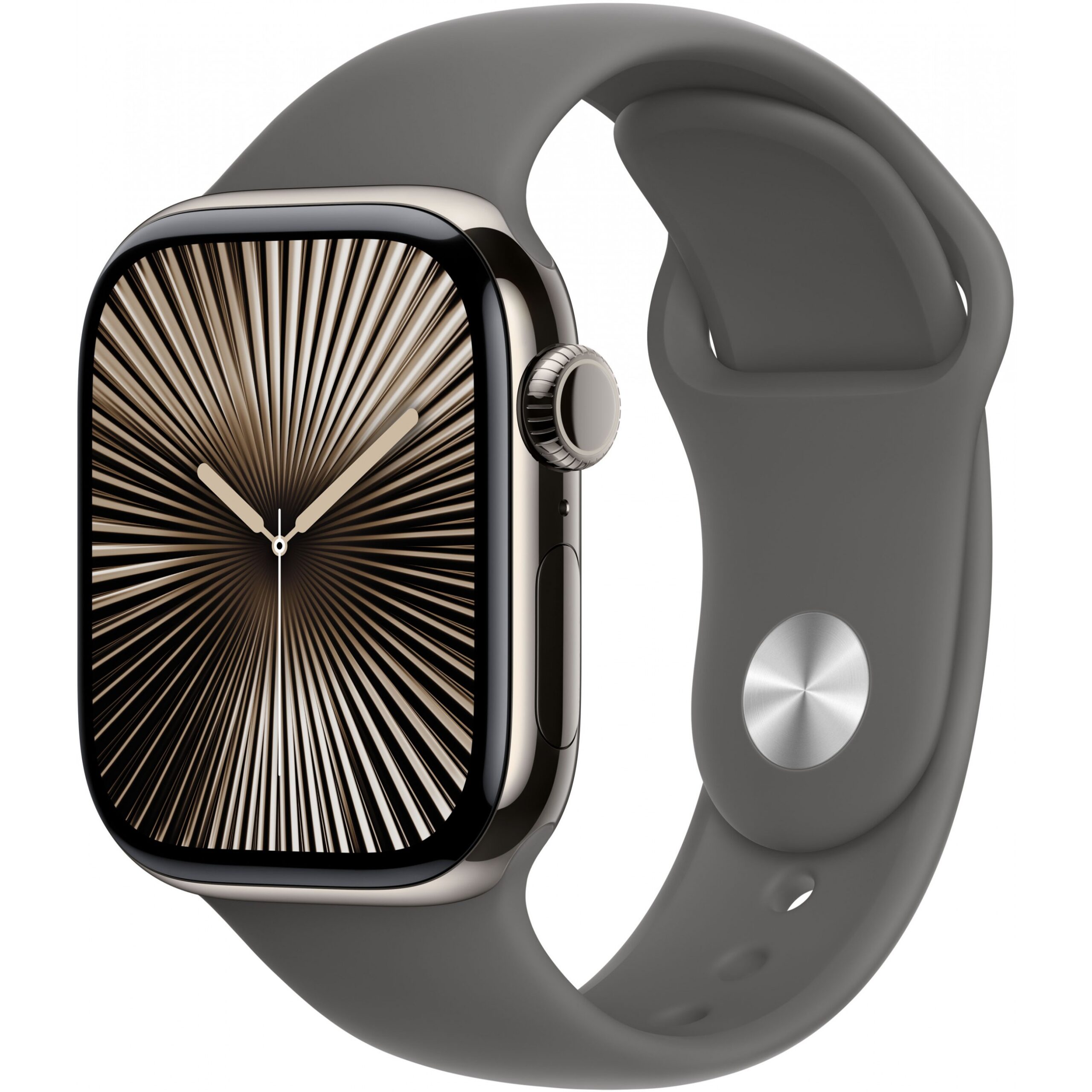 Orë e mençur Apple Watch Series 10 GPS + Cellular 42mm Natural Titanium Case with Stone Grey Sport Band – S/M